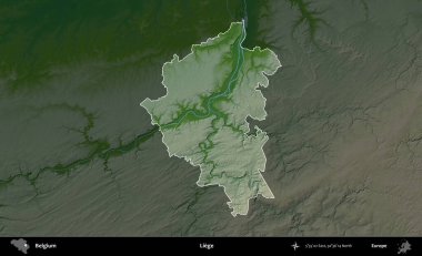 Liege. Belçika 'nın idari alanı koyu renkli bir yükseklik haritasına vurgulandı ve özetlendi