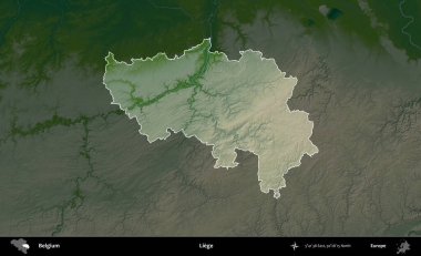 Liege. Belçika 'nın idari alanı koyu renkli bir yükseklik haritasına vurgulandı ve özetlendi