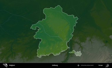 Limburg. Belçika 'nın idari alanı koyu renkli bir yükseklik haritasına vurgulandı ve özetlendi
