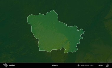 Maaseik. Belçika 'nın idari alanı koyu renkli bir yükseklik haritasına vurgulandı ve özetlendi