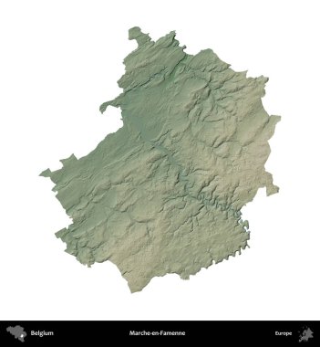 Marche-en-Famenne. Belçika 'nın idari bölgesi renkli bir yükseklik haritasında beyaz üzerine izole edilmiş
