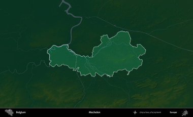 Mechelen. Belçika 'nın idari alanı koyu renkli bir yükseklik haritasına vurgulandı ve özetlendi
