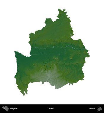Mons. Belçika 'nın idari bölgesi renkli bir yükseklik haritasında beyaz üzerine izole edilmiş