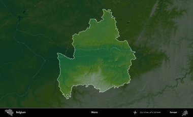 Mons. Belçika 'nın idari alanı koyu renkli bir yükseklik haritasına vurgulandı ve özetlendi