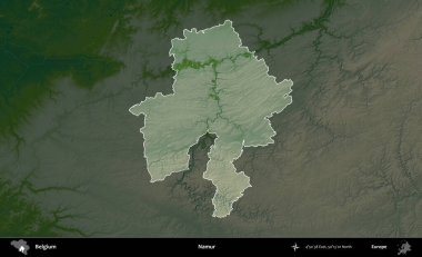Namur. Belçika 'nın idari alanı koyu renkli bir yükseklik haritasına vurgulandı ve özetlendi