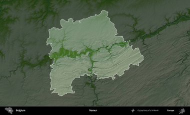 Namur. Belçika 'nın idari alanı koyu renkli bir yükseklik haritasına vurgulandı ve özetlendi