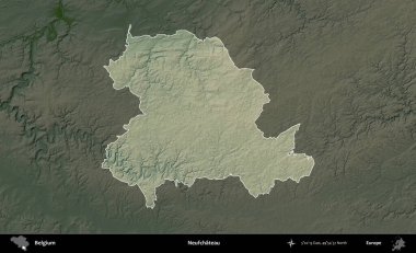 Neufchateau. Belçika 'nın idari alanı koyu renkli bir yükseklik haritasına vurgulandı ve özetlendi