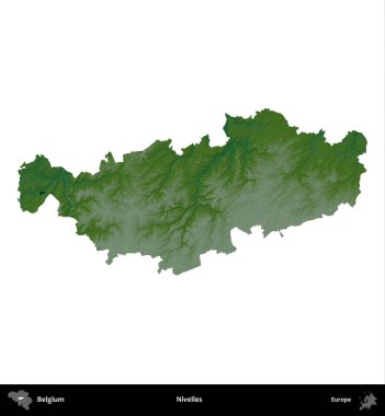 Nivelles. Belçika 'nın idari bölgesi renkli bir yükseklik haritasında beyaz üzerine izole edilmiş