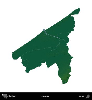 Oostende. Belçika 'nın idari bölgesi renkli bir yükseklik haritasında beyaz üzerine izole edilmiş