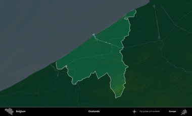 Oostende. Belçika 'nın idari alanı koyu renkli bir yükseklik haritasına vurgulandı ve özetlendi