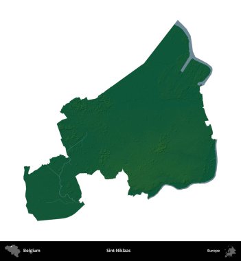 Sint-Niklaas. Belçika 'nın idari bölgesi renkli bir yükseklik haritasında beyaz üzerine izole edilmiş