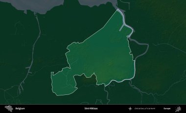 Sint-Niklaas. Belçika 'nın idari alanı koyu renkli bir yükseklik haritasına vurgulandı ve özetlendi