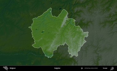 Soignies. Belçika 'nın idari alanı koyu renkli bir yükseklik haritasına vurgulandı ve özetlendi