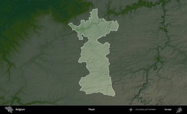 Thuin. Belçika 'nın idari alanı koyu renkli bir yükseklik haritasına vurgulandı ve özetlendi