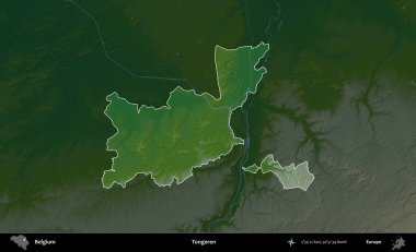 Tongeren. Belçika 'nın idari alanı koyu renkli bir yükseklik haritasına vurgulandı ve özetlendi