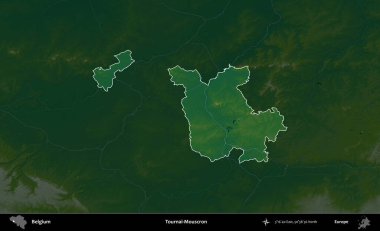 Tournai-Mouscron. Belçika 'nın idari alanı koyu renkli bir yükseklik haritasına vurgulandı ve özetlendi