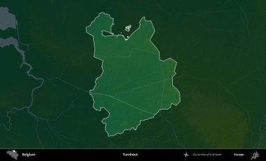 Katılım. Belçika 'nın idari alanı koyu renkli bir yükseklik haritasına vurgulandı ve özetlendi
