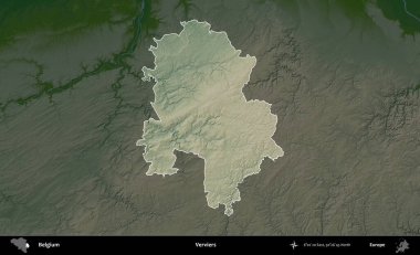 Vervierler. Belçika 'nın idari alanı koyu renkli bir yükseklik haritasına vurgulandı ve özetlendi