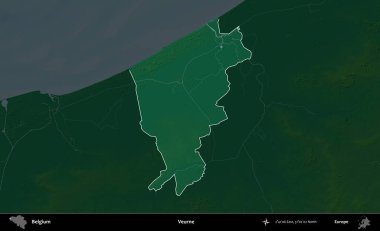 Veurne. Belçika 'nın idari alanı koyu renkli bir yükseklik haritasına vurgulandı ve özetlendi