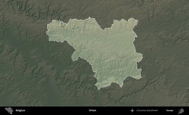 Virton. Belçika 'nın idari alanı koyu renkli bir yükseklik haritasına vurgulandı ve özetlendi