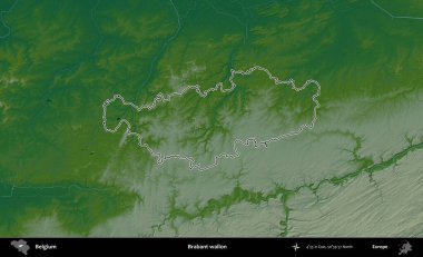 Dahi Wallon. Belçika 'nın idari alanı renkli bir yükseklik haritasında özetlenmiştir