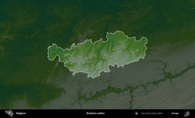 Dahi Wallon. Belçika 'nın idari alanı koyu renkli bir yükseklik haritasına vurgulandı ve özetlendi
