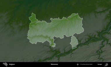 Isın. Belçika 'nın idari alanı koyu renkli bir yükseklik haritasına vurgulandı ve özetlendi