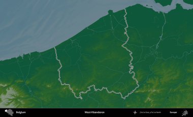 Batı-Vlaanderen. Belçika 'nın idari alanı renkli bir yükseklik haritasında özetlenmiştir