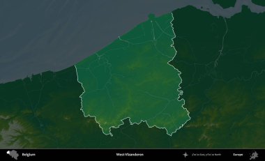 Batı-Vlaanderen. Belçika 'nın idari alanı koyu renkli bir yükseklik haritasına vurgulandı ve özetlendi