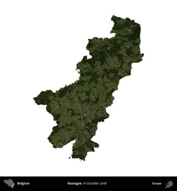 Bastogne. Belçika 'nın idari bölgesi, Ekim 2018' de çekilen Kopernik Sentinel karolarından oluşan bir uydu görüntüsü ile beyaza izole edildi.