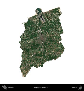 Brugge. Belçika 'nın idari bölgesi, Mayıs 2018' de çekilen Kopernik Nöbetçi karolarından oluşan bir uydu görüntüsü ile beyaza izole edildi.