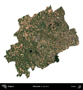 Diksmuide. Belçika 'nın idari bölgesi, Temmuz 2022' de çekilen Kopernik Sentinel karolarından oluşan bir uydu görüntüsü ile beyaza izole edildi.