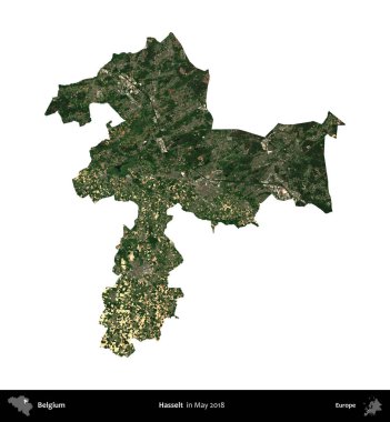 Hasselt. Belçika 'nın idari bölgesi, Mayıs 2018' de çekilen Kopernik Nöbetçi karolarından oluşan bir uydu görüntüsü ile beyaza izole edildi.