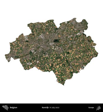 Kortrijk. Belçika 'nın idari bölgesi, Temmuz 2022' de çekilen Kopernik Sentinel karolarından oluşan bir uydu görüntüsü ile beyaza izole edildi.