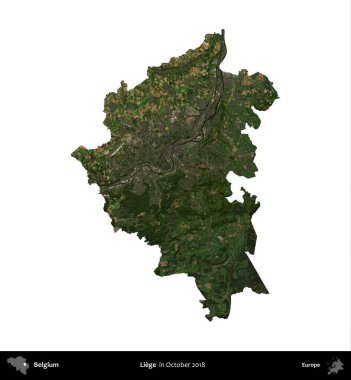 Liege. Belçika 'nın idari bölgesi, Ekim 2018' de çekilen Kopernik Sentinel karolarından oluşan bir uydu görüntüsü ile beyaza izole edildi.