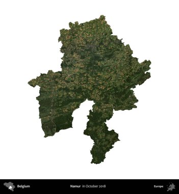 Namur. Belçika 'nın idari bölgesi, Ekim 2018' de çekilen Kopernik Sentinel karolarından oluşan bir uydu görüntüsü ile beyaza izole edildi.