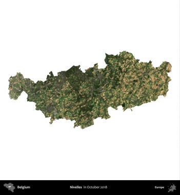 Nivelles. Belçika 'nın idari bölgesi, Ekim 2018' de çekilen Kopernik Sentinel karolarından oluşan bir uydu görüntüsü ile beyaza izole edildi.