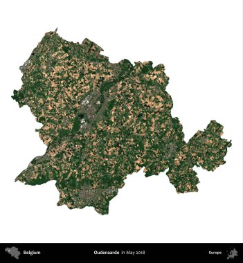 Oudenaarde. Belçika 'nın idari bölgesi, Mayıs 2018' de çekilen Kopernik Nöbetçi karolarından oluşan bir uydu görüntüsü ile beyaza izole edildi.