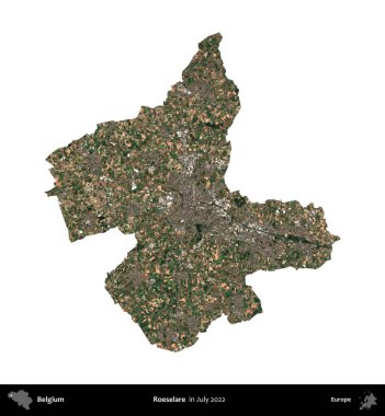 Roeselare. Belçika 'nın idari bölgesi, Temmuz 2022' de çekilen Kopernik Sentinel karolarından oluşan bir uydu görüntüsü ile beyaza izole edildi.