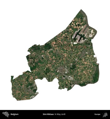 Sint-Niklaas. Belçika 'nın idari bölgesi, Mayıs 2018' de çekilen Kopernik Nöbetçi karolarından oluşan bir uydu görüntüsü ile beyaza izole edildi.