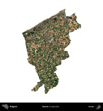 Veurne. Belçika 'nın idari bölgesi, Temmuz 2022' de çekilen Kopernik Sentinel karolarından oluşan bir uydu görüntüsü ile beyaza izole edildi.