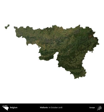 Wallonie. Belçika 'nın idari bölgesi, Ekim 2018' de çekilen Kopernik Sentinel karolarından oluşan bir uydu görüntüsü ile beyaza izole edildi.
