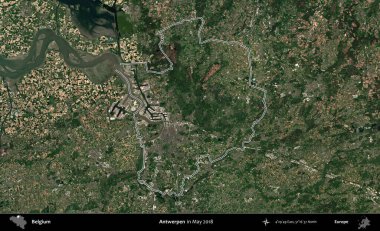 Antwerpen. Belçika 'nın idari alanı, Mayıs 2018' de çekilen Kopernik Nöbetçi karolarından oluşan bir uydu görüntüsüyle özetlendi.