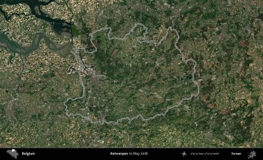 Antwerpen. Belçika 'nın idari alanı, Mayıs 2018' de çekilen Kopernik Nöbetçi karolarından oluşan bir uydu görüntüsüyle özetlendi.