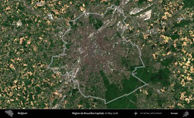 Bruxelles-Capitale Bölgesi - Brüksel Hoofdstedelijk Gewest. Belçika 'nın idari alanı, Mayıs 2018' de çekilen Kopernik Nöbetçi karolarından oluşan bir uydu görüntüsüyle özetlendi.