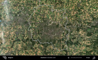 Charleroi. Belçika 'nın idari alanı, Ekim 2018' de çekilen Kopernik Nöbetçi karolarından oluşan bir uydu görüntüsüyle özetlenmiştir.