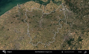 Oost-Vlaanderen. Belçika 'nın idari alanı, Ağustos 2022' de çekilen Kopernik Nöbetçi karolarından oluşan bir uydu görüntüsüyle özetlenmiştir.