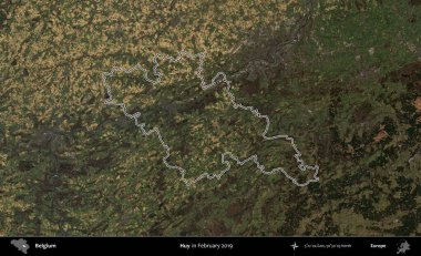 Huy. Belçika 'nın idari alanı, Şubat 2019' da çekilen Kopernik Nöbetçi karolarından oluşan bir uydu görüntüsüyle özetlenmiştir.