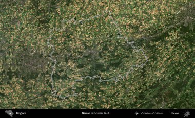 Namur. Belçika 'nın idari alanı, Ekim 2018' de çekilen Kopernik Nöbetçi karolarından oluşan bir uydu görüntüsüyle özetlenmiştir.