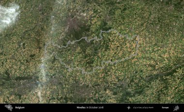 Nivelles. Belçika 'nın idari alanı, Ekim 2018' de çekilen Kopernik Nöbetçi karolarından oluşan bir uydu görüntüsüyle özetlenmiştir.